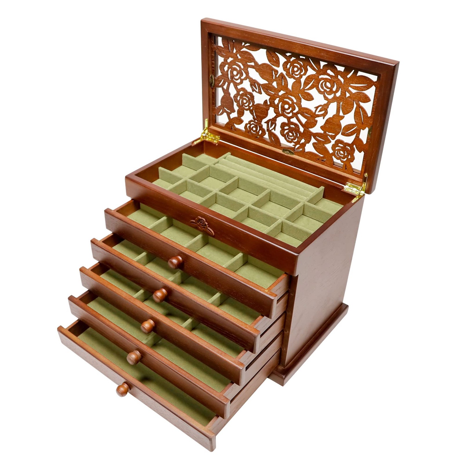 Kendal 6 Layer Wooden Jewelry Box Jewelry Holder Organizer w/ Rose Leaf Pattern
