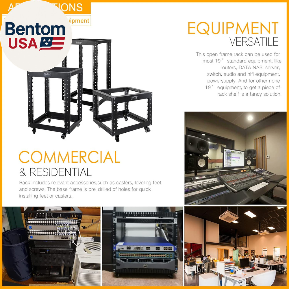 9U Open Frame Server Rack with Casters- Heavy Duty 4 Post Quick Assembly 19-Inch