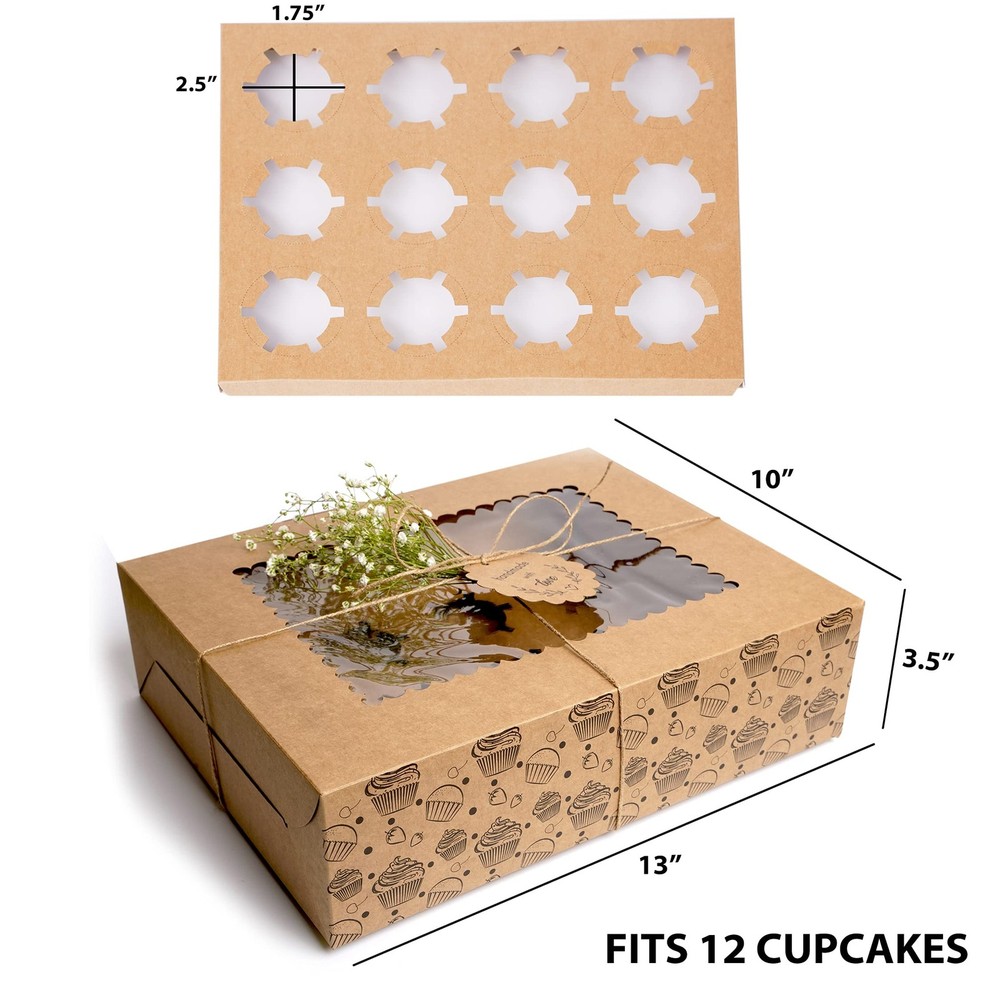 Cupcake Boxes with Window, Food Grade Kraft Bakery Containers to fit 12 Cupca...