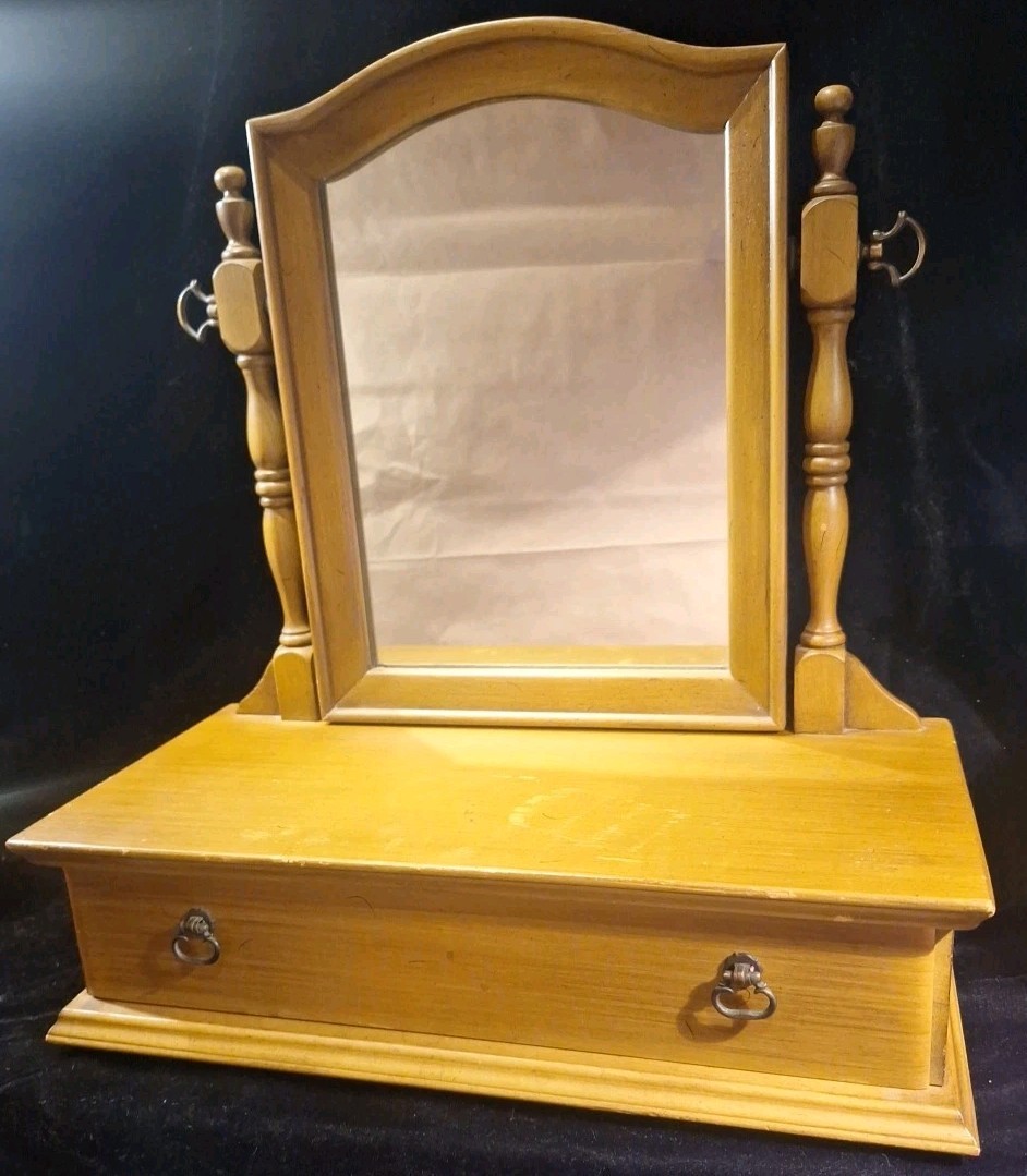 Antique Wood Tabletop Vanity Dressing Table Swivel Mirror with Storage Drawer