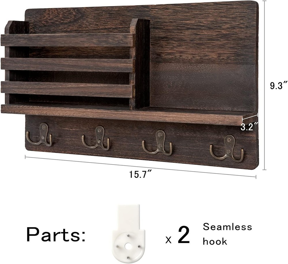 Rustic Farmhouse Wall Mounted Mail Holder with Key Hooks