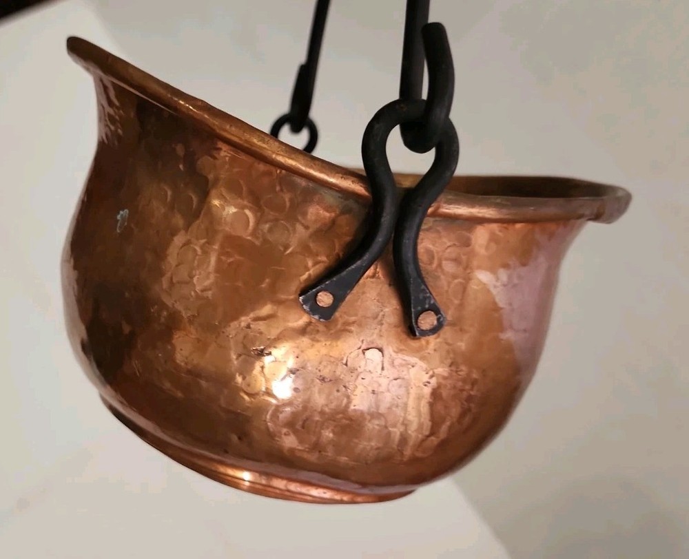 Hammered Copper Pot Hanging Cauldron Rustic Primitive Decor Black Iron Handle