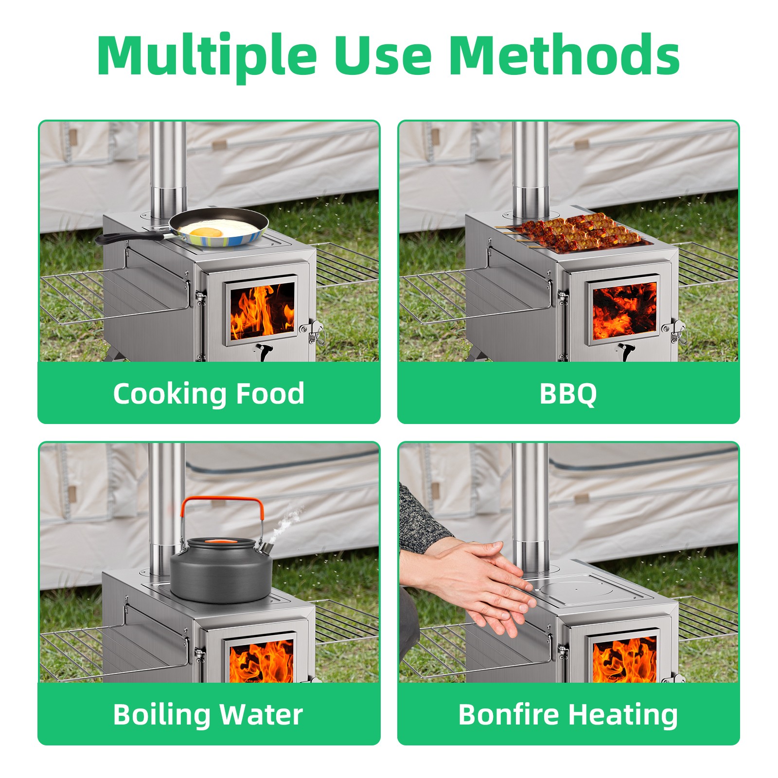 Camping Stove for Tent, Portable Stainless Steel Stove with 7 Chimney Pipes