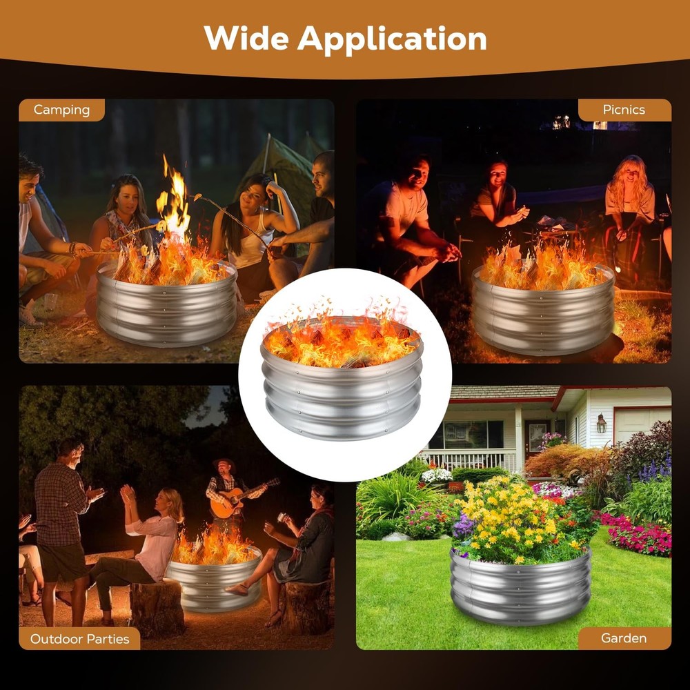 24 Inch Round Galvanized Fire Pit Ring, Silver Round Galvanized Fire Ring, 2 ...