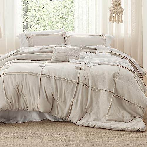 Beige Comforter Set - 4 Pieces Grid Pleated Bed Set, Down Queen 17 - Grid