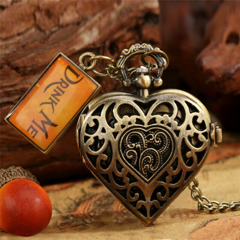 Antique Drink Me Tag Heart Shape Men Women Quartz Pocket Watch Necklace Gift