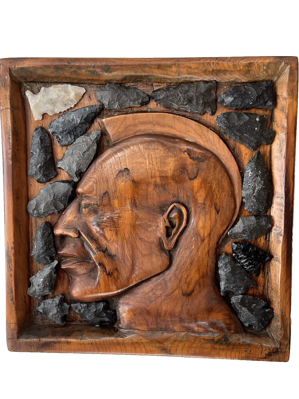 Eastern Woodlands Arrowhead Collection on Native American Wood Relief, Signed