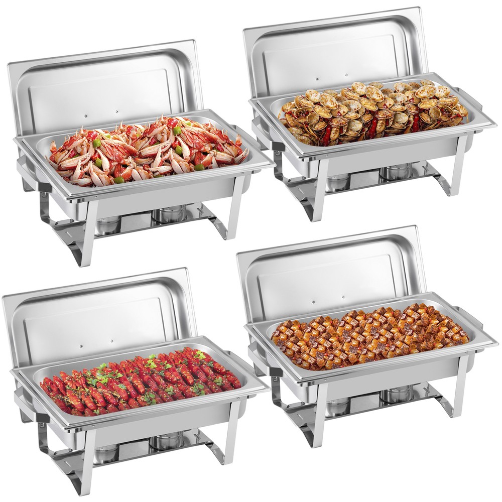 4PCS Stainless Steel Rectangular Chafing Dish Set Dish Buffet Trays 8QT Durable
