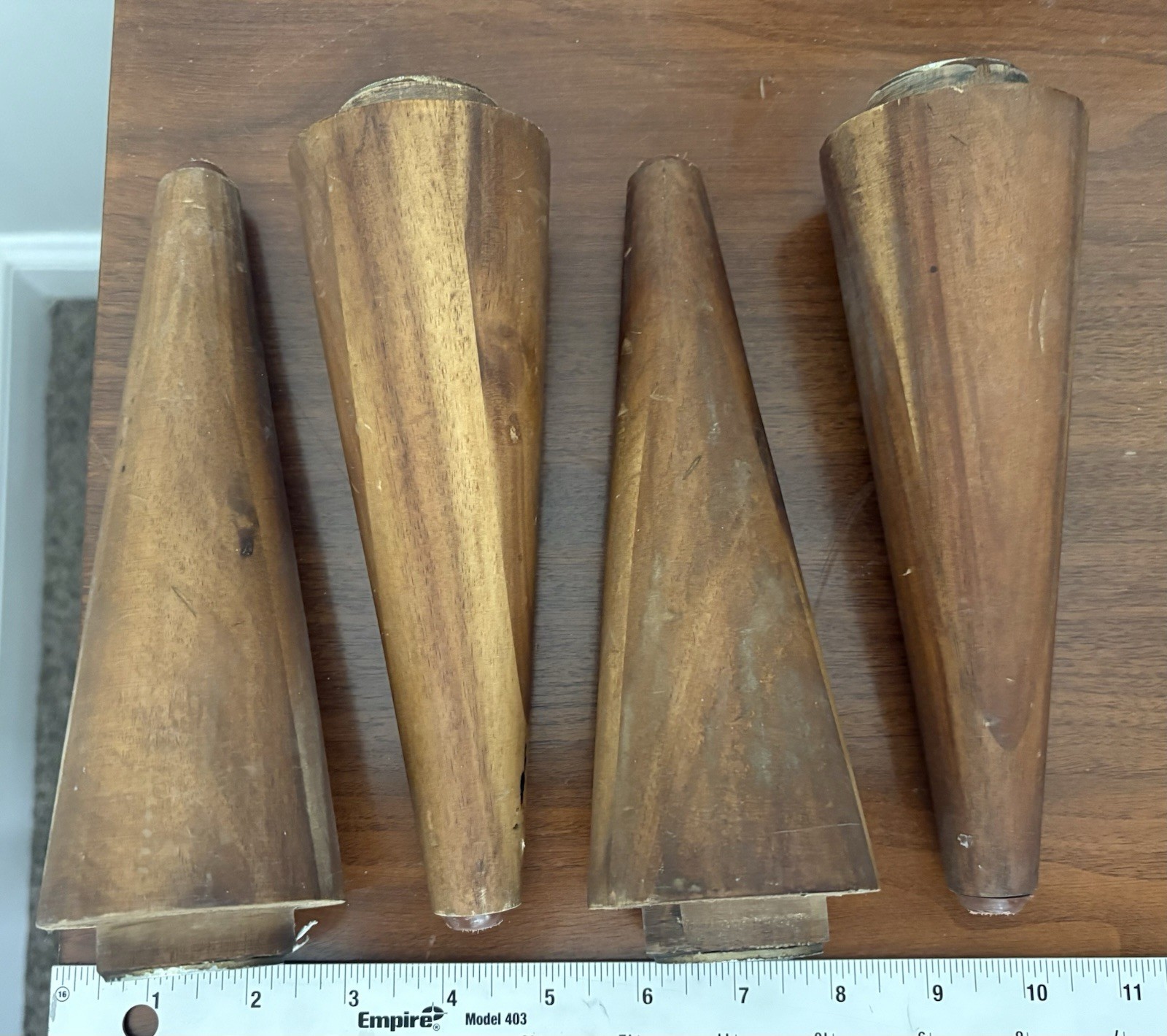 FOUR VINTAGE TEAK 8"Hx2.75"D MID CENTURY MODERN CONICAL DOWELLED FURNITURE LEGS