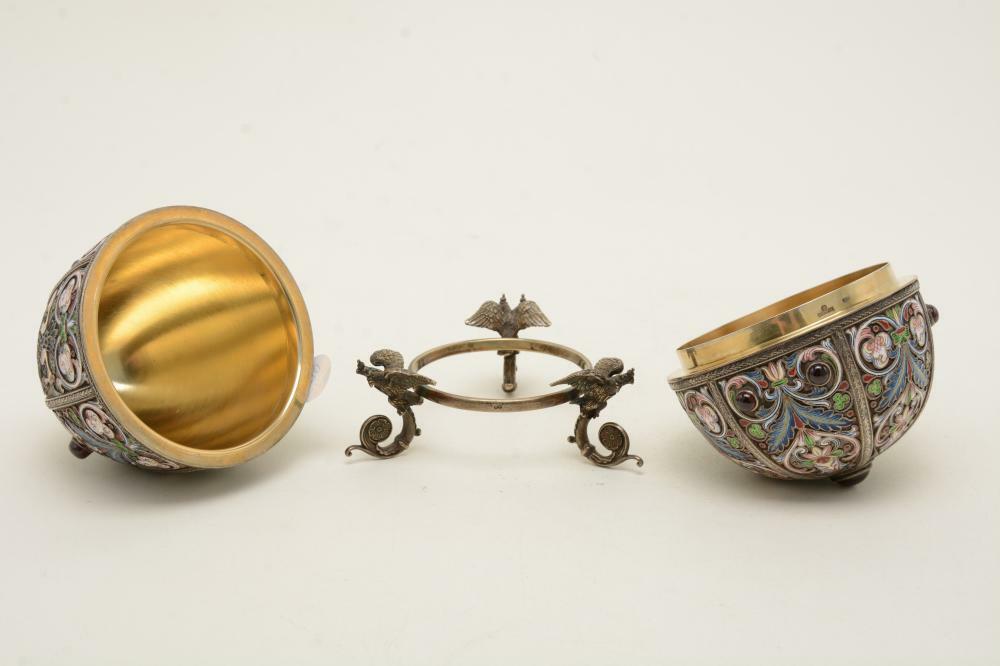 LARGE RUSSIAN Enamel Silver Antique FABERGE Easter Egg Gem Set