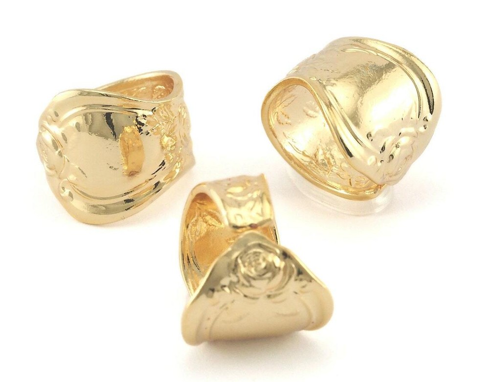 Spoon Ring Flower Patterned Adjustable Ring Shiny Gold Plated brass  7.5US 3383