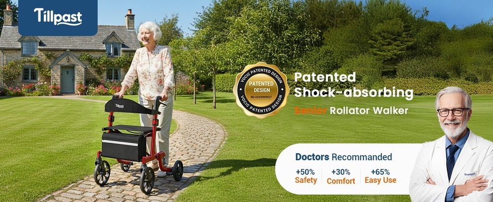 Seniors Walker Rollator Safe Foldable Adjustable Shock-Absorbing for All Terrain