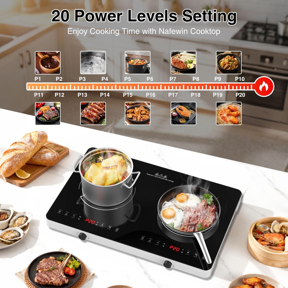 Double Induction Cooktop, 2 Burner Induction Burner 20 Temperature Power Lev...