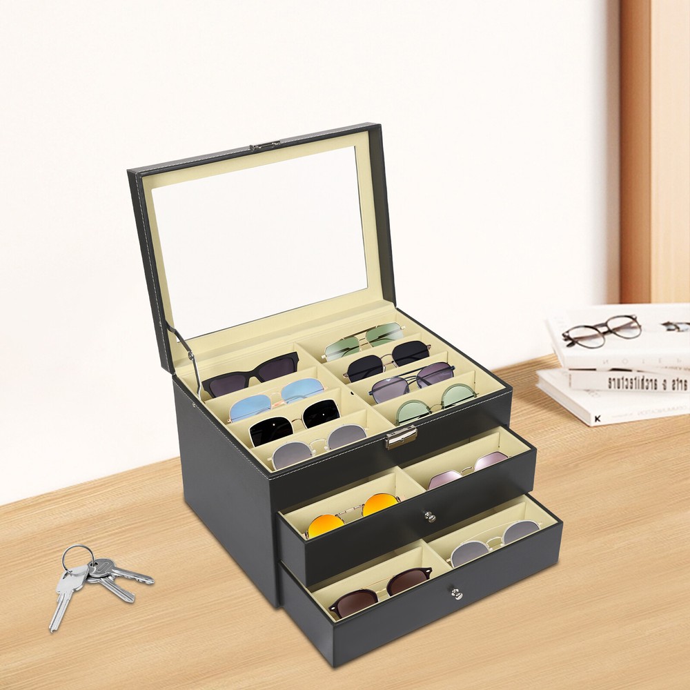 3 Layer Black Sunglasses Display Case, PU Leather Eyeglass Storage Box,
