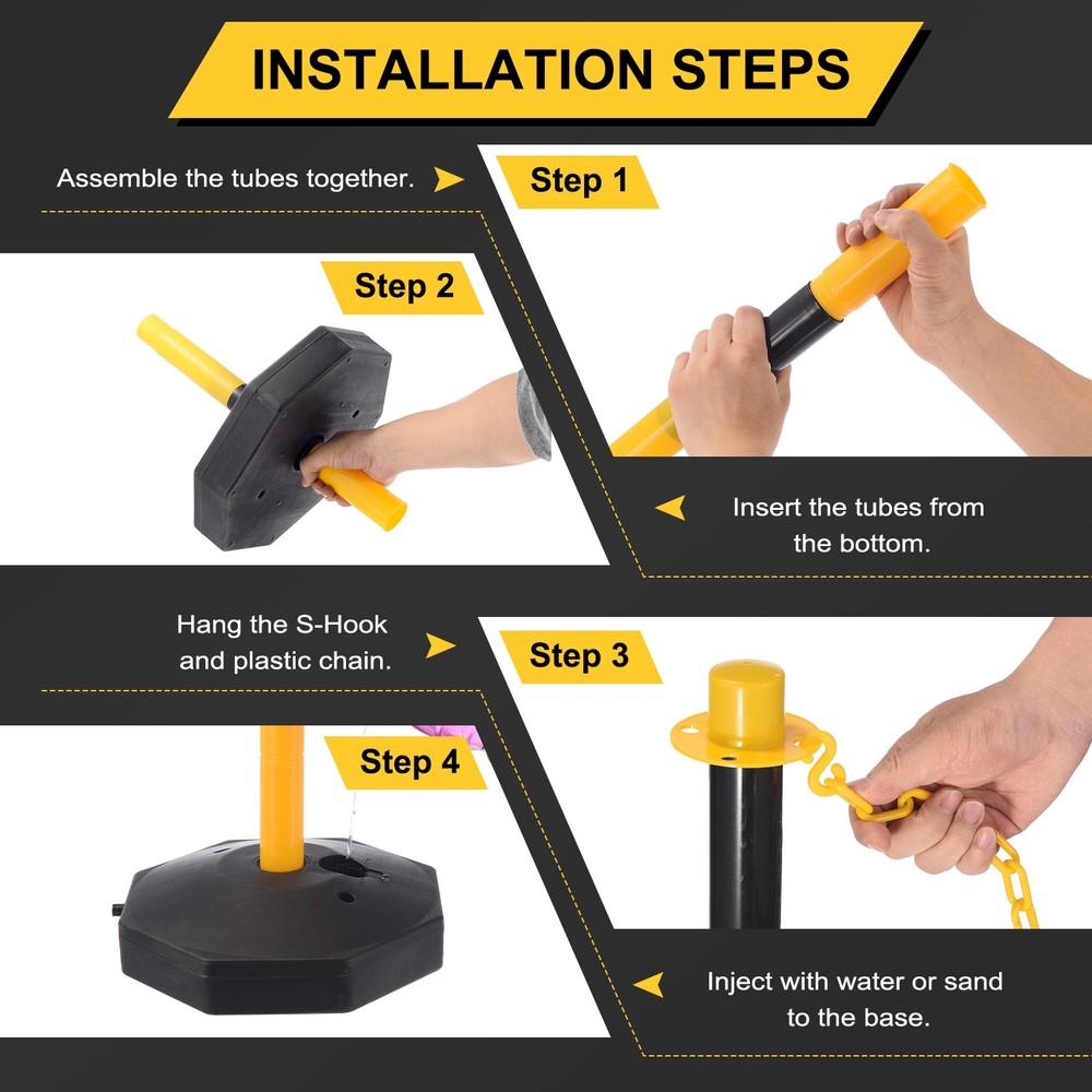 6Pcs Traffic Delineator Post Fillable Base 5ft Plastic Chain Black/Yellow