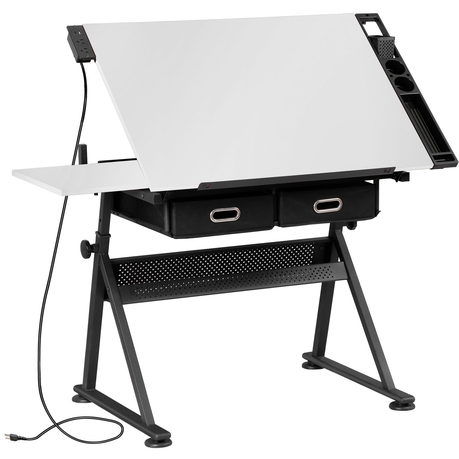 Drafting Table Drawing Desk Adjustable Tabletop w/Charging Station & Stool White
