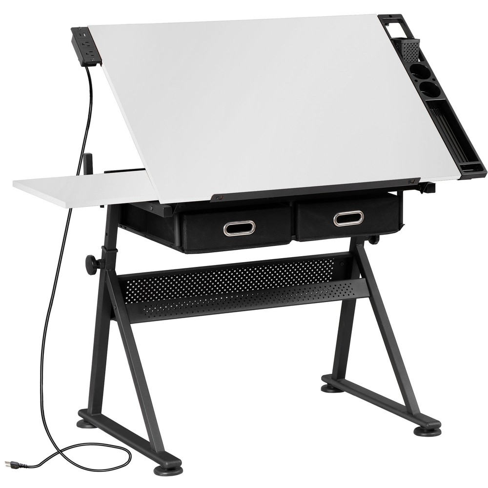 Multi Purpose Drafting Table Art Desk With Slide Out Surface and Charger, White