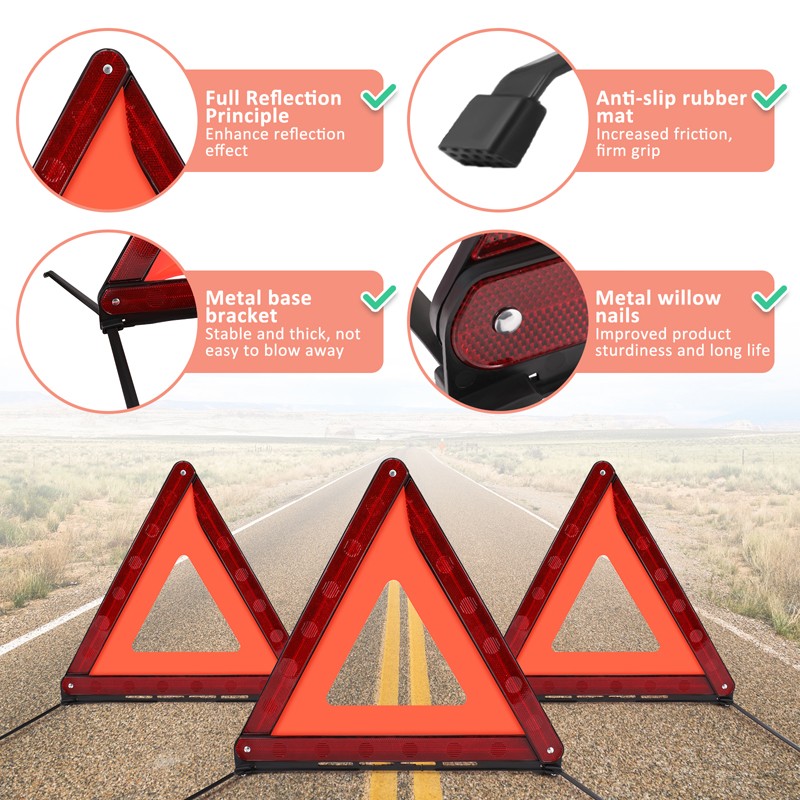 17" DOT Approved 3PCS Emergency Warning Triangles for Safety Triangle Reflective