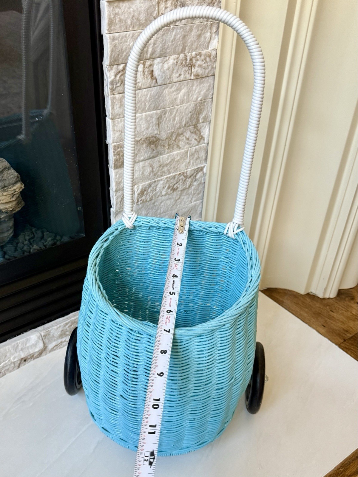 Antropologie Olli Ella Blue Rattan Luggy Cart Trolly Children Kids Wheel Basket