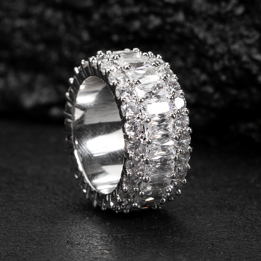 Iced Pointer Men's White Gold Plated Layered Emerald Cut Statement Eternity Ring