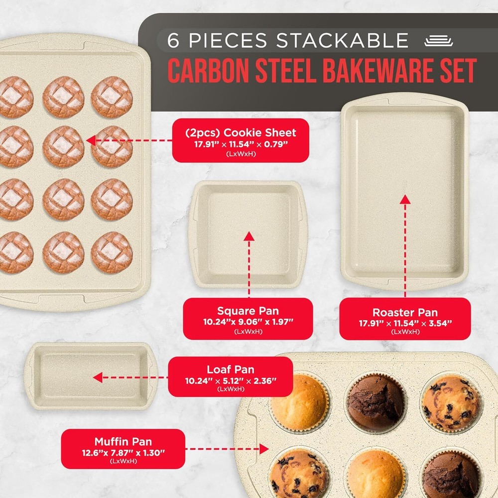 Bakken Swiss - Bakeware Set – 6 Piece – Stackable, 6 Set, White Marble