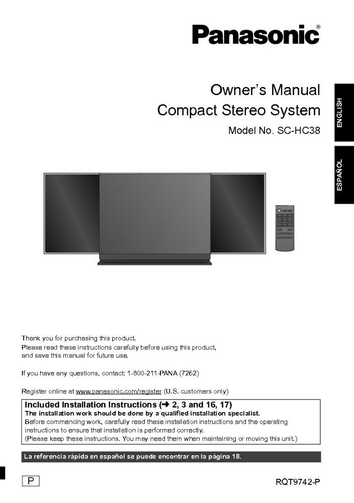 Panasonic SA-HC38 Stereo System Owners Instruction Manual