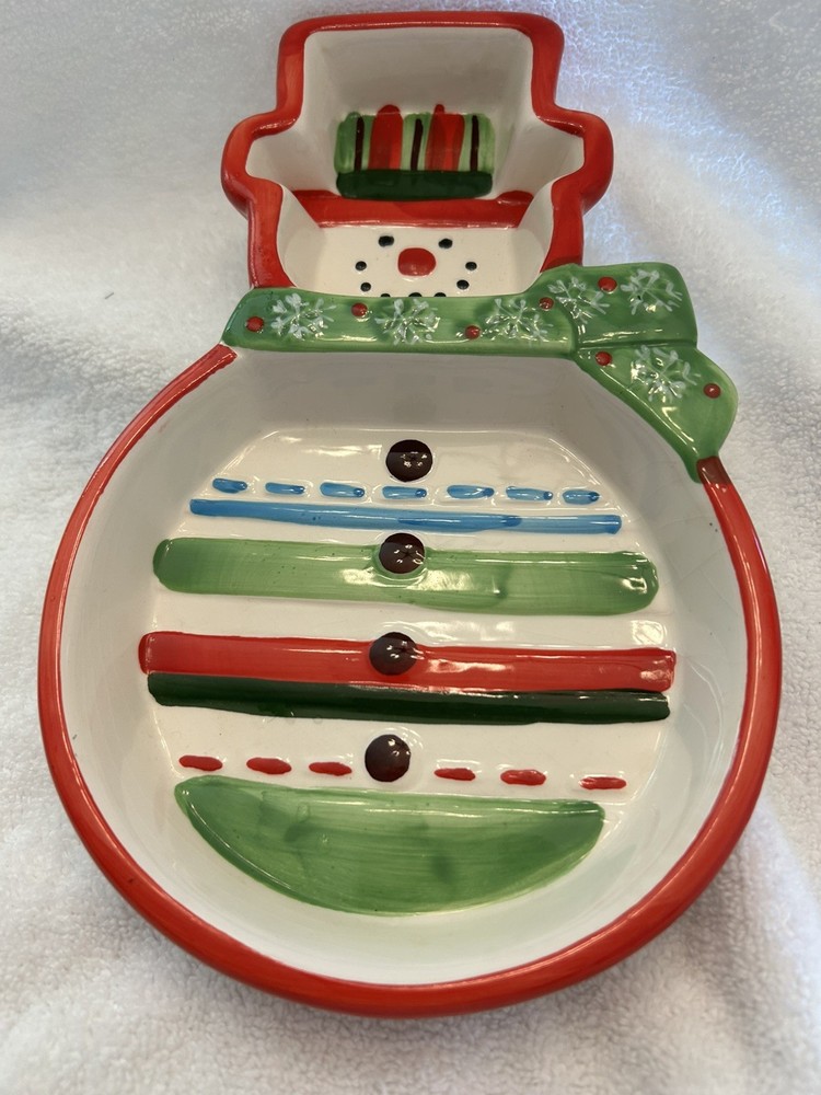 VINTAGE CERAMIC SNOWMAN TWO  SECTIONED SERVING   TRAY