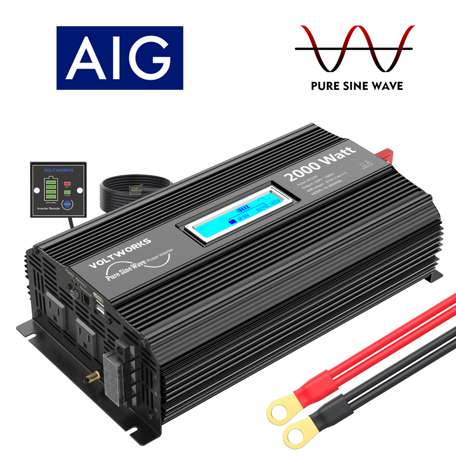 Pure Sine Wave 2000Watt Car Power Inverter Converter DC 12V to 120V AC VOLTWORKS