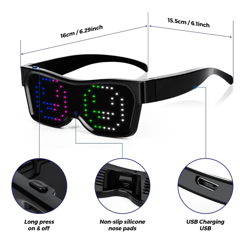 Customizable LED Glasses with App Control, DIY Graffiti, Fixed Multi-Color Di...