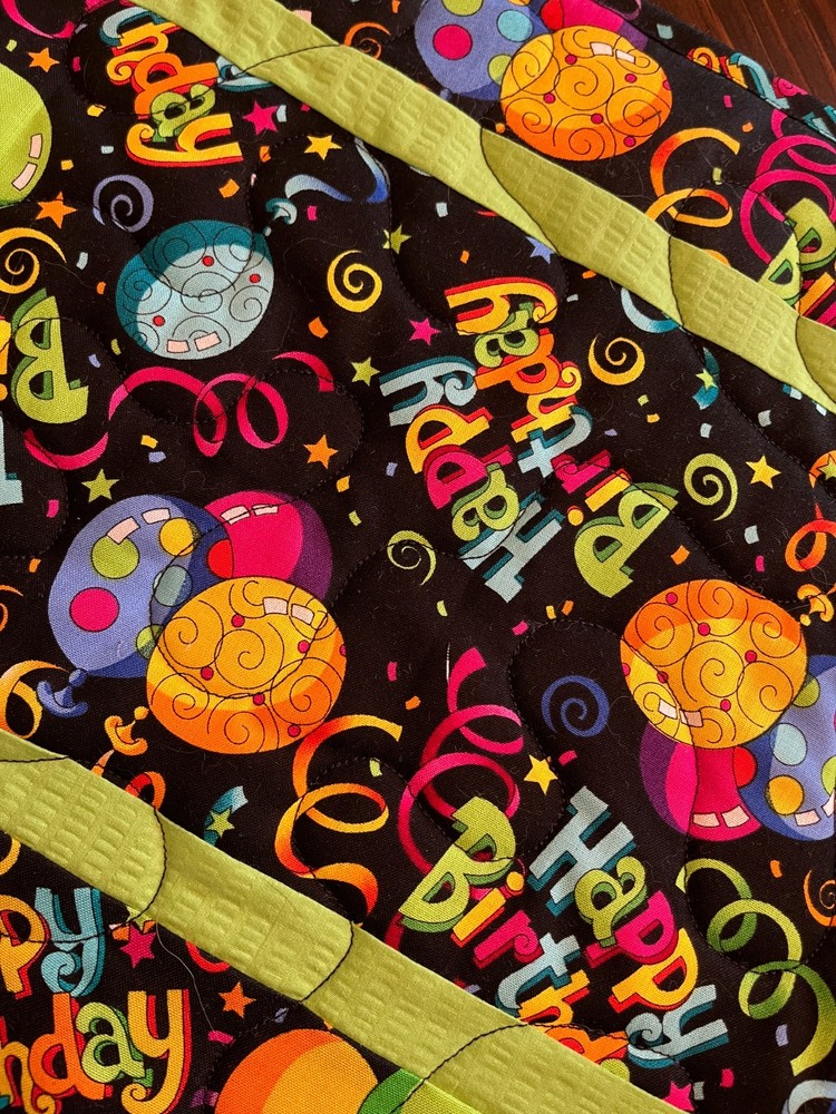Handcrafted-Quilted Table Runner-HappyBirthday-Balloons, Multi-Colored, Light Gr