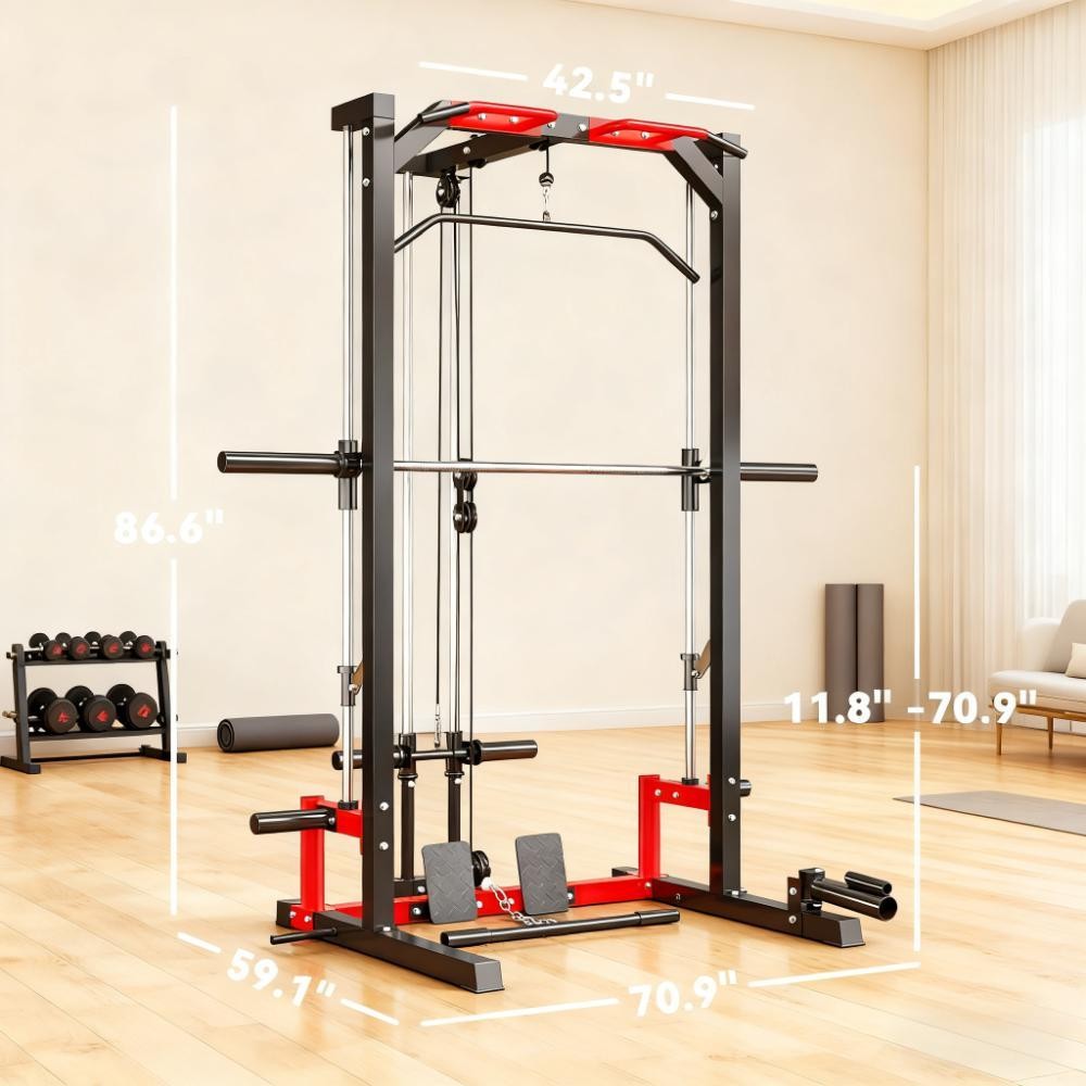 Power Cage Squat Rack w/ Lat Pulldown, Pull Up Bar, Landmine - 132lb Capacity