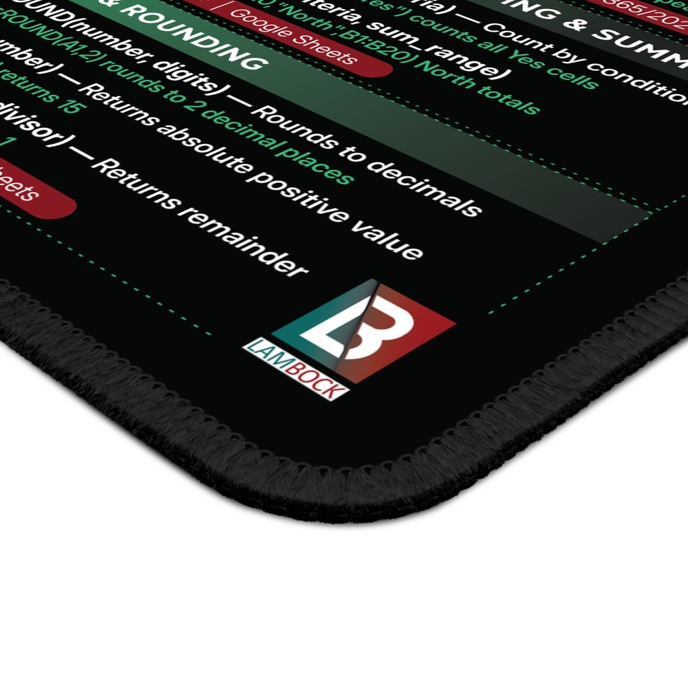 Excel & Google Sheets Formulas Cheat Sheet | 9x7'' Gaming Non Slip Mouse Pad