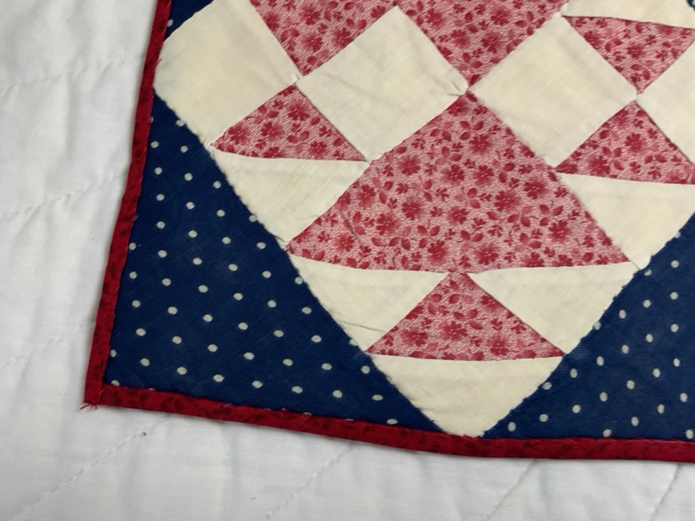 Antique Vintage Patchwork Quilt Table Topper, Four Patch W/ Triangles, Pink Navy