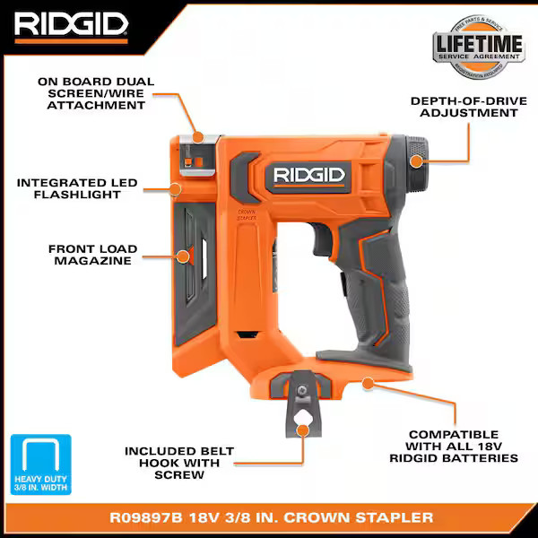RIDGID Narrow Crown Stapler 3/8 18V Brushless Cordless TOOL ONLY R09897B