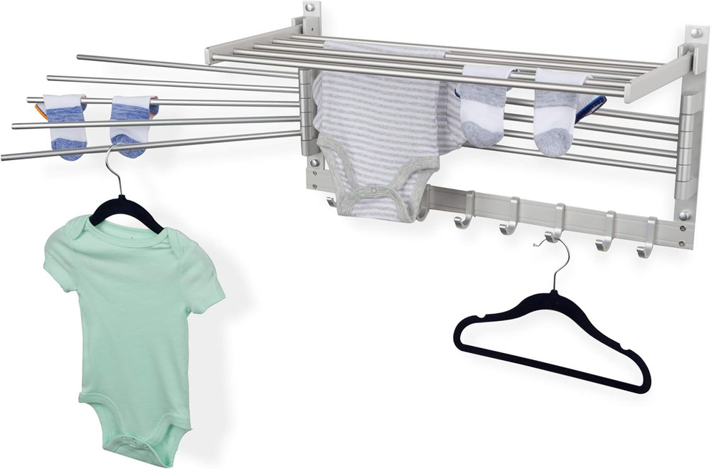 BGT 24" Wall-Mount Laundry Drying Rack with Hooks & Swing Arms, Silver