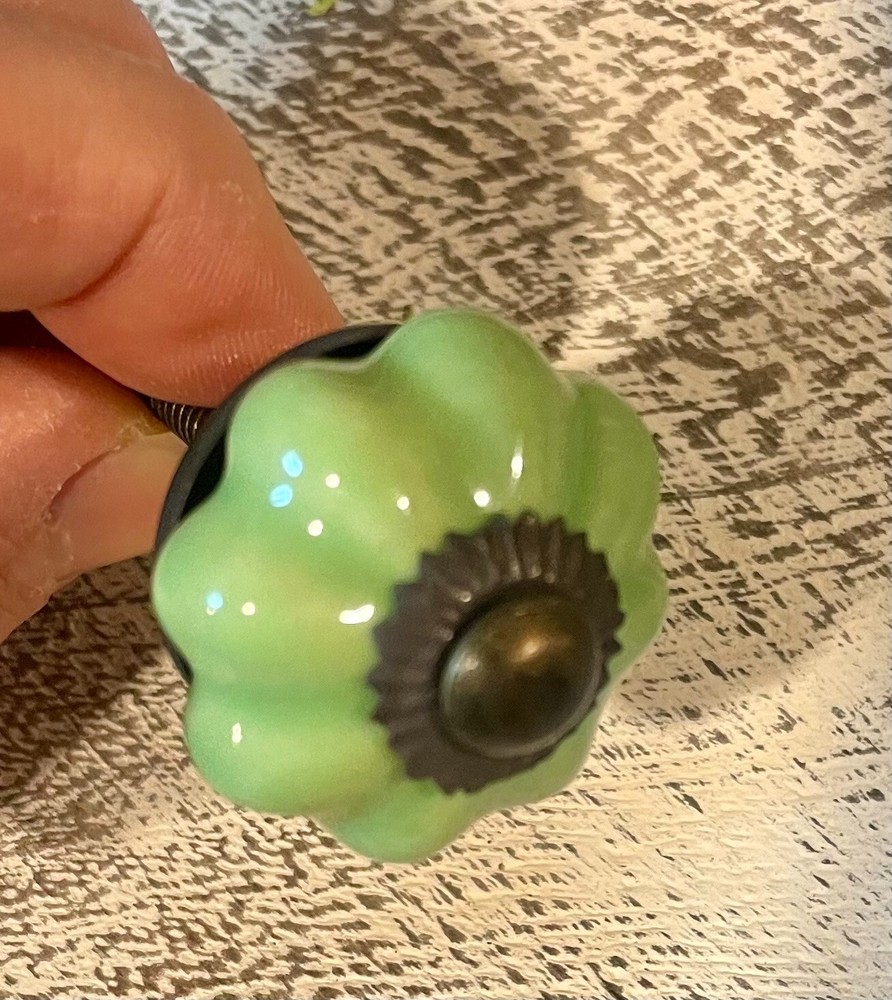 2 Brass 1.25" JADEITE GREEN Kitchen Cabinet Drawer Knobs Depression Caramic