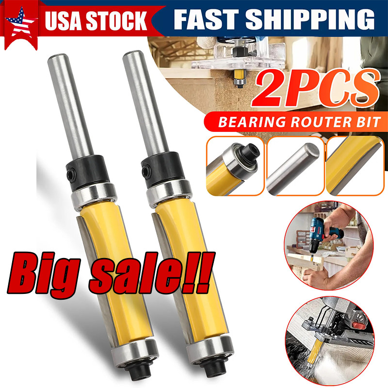 2Pcs 1-1/2" 1/4" Shank Flush Trim Top Bottom Bearing Router Bit Woodworking Tool