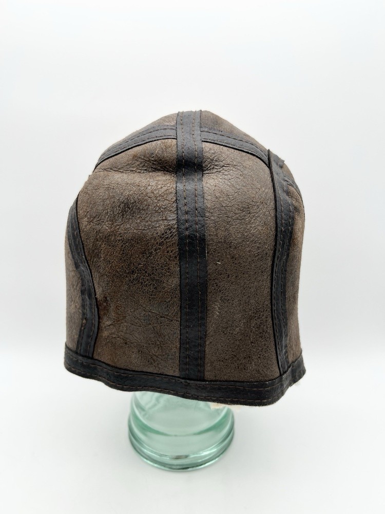 Vintage Shearling Leather Aviator Hat Flight Cap Brown Large Bomber