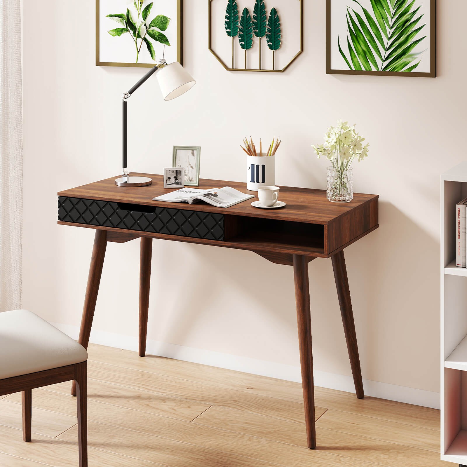 Mid-Century Modern Computer Desk w/ Drawer & Open Compartment,Rubber Wood Legs