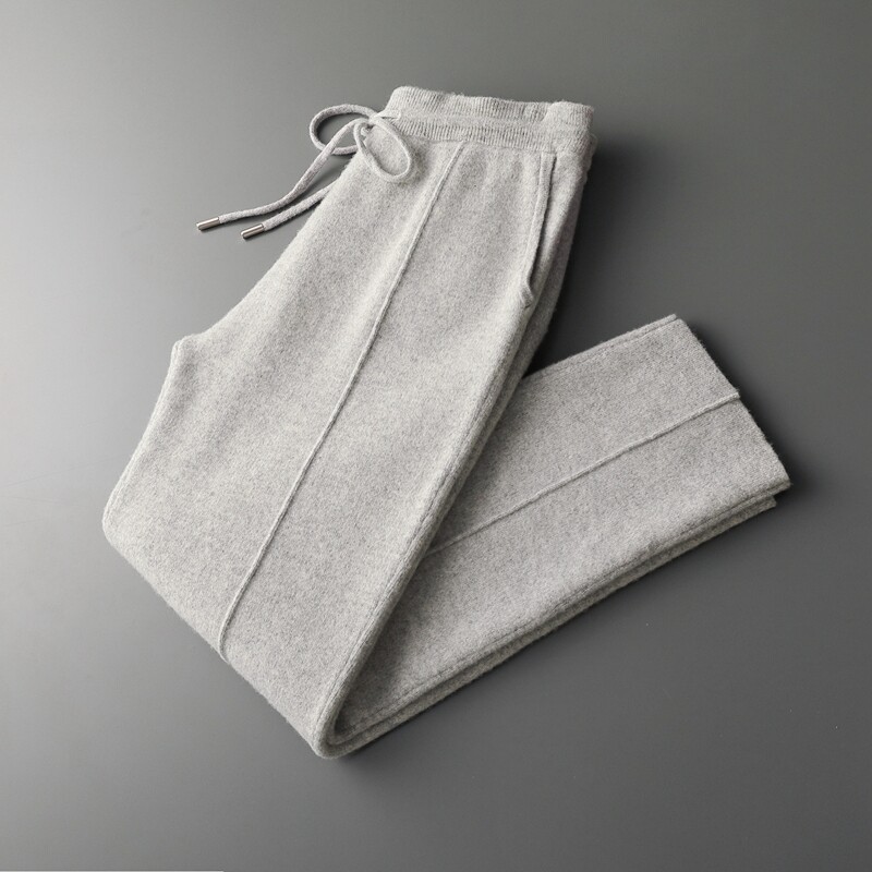 Men's 100% Pure Wool Cashmere Thickened Outer Knitted Pants Warm Solid Color