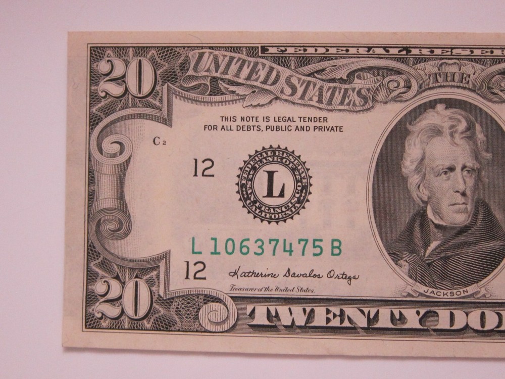 1985 $20 Printing Error on Back #L02465259G