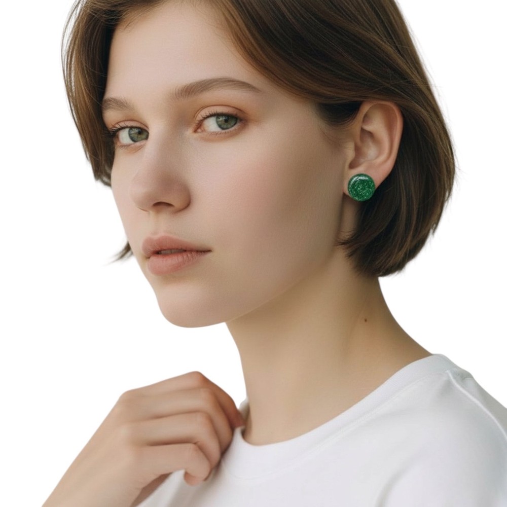 Green Glitter Round Polymer Clay Stud Earrings