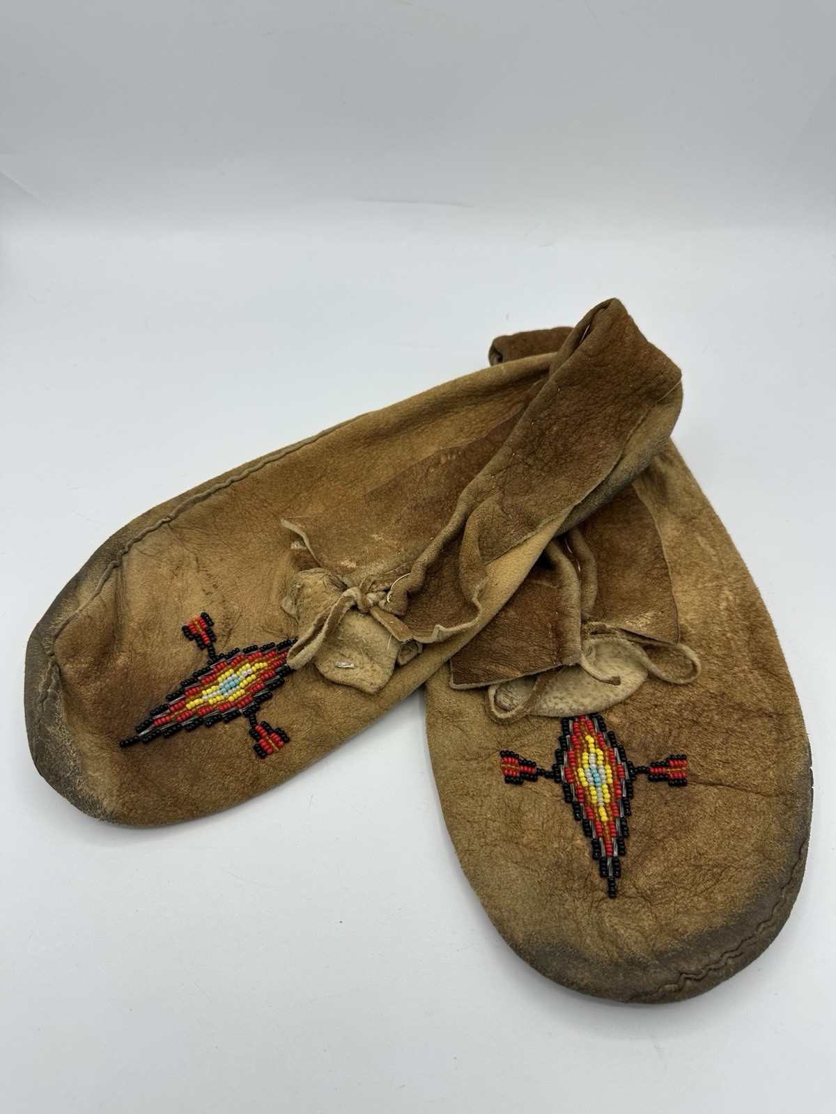 Vintage Beaded Leather Moccasins Handmade Native American Style Brown Shoes