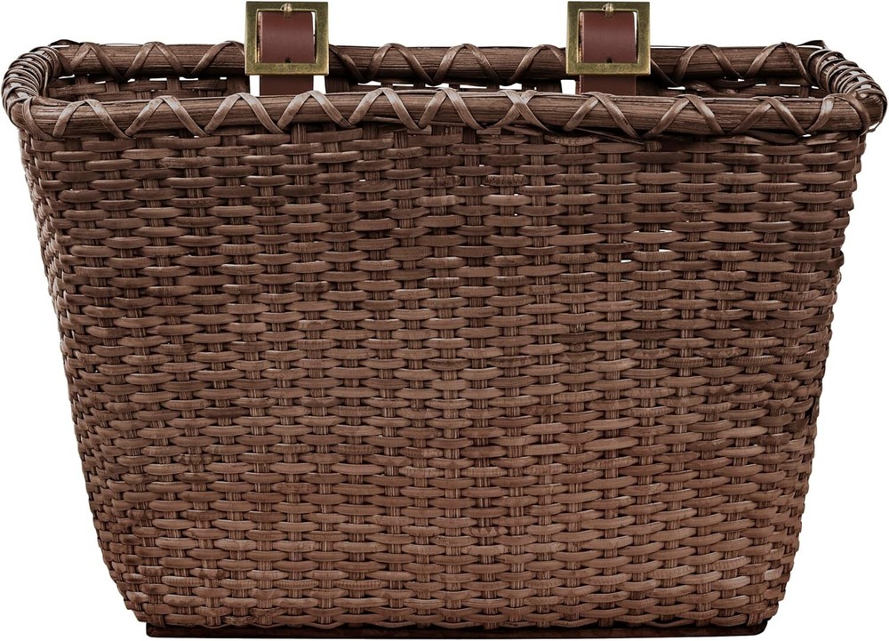 Rectangular Cane Bicycle Basket with Authentic Leather Straps & Brass Buckles
