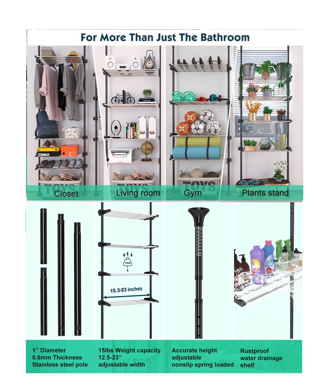 4-Tiers- 97 to 116" Adjust Tension Pole room Toilet Organizer Shelves Rack Black