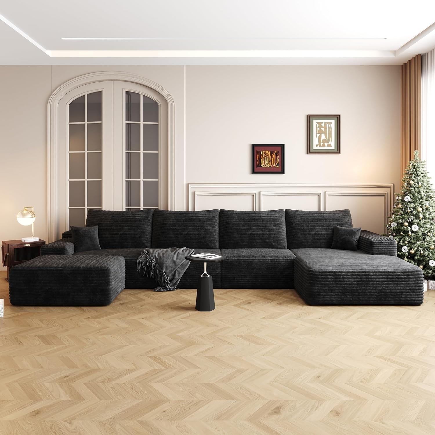 135"Boneless Couch Sectional Cloud Sofa Corduroy Left Facing Chaise with Ottoman