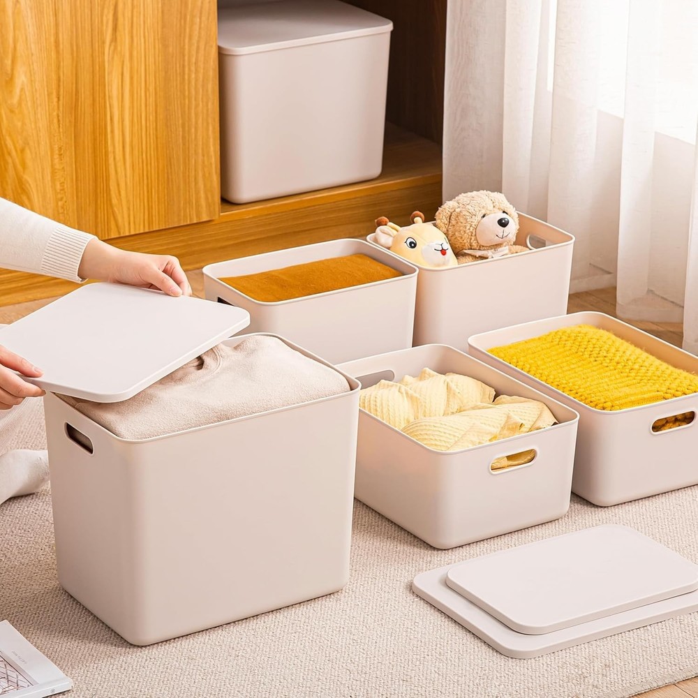 6 Piece Plastic Storage Baskets Boxes with Lids,14.4x10.2x11.8 inch Stackable...