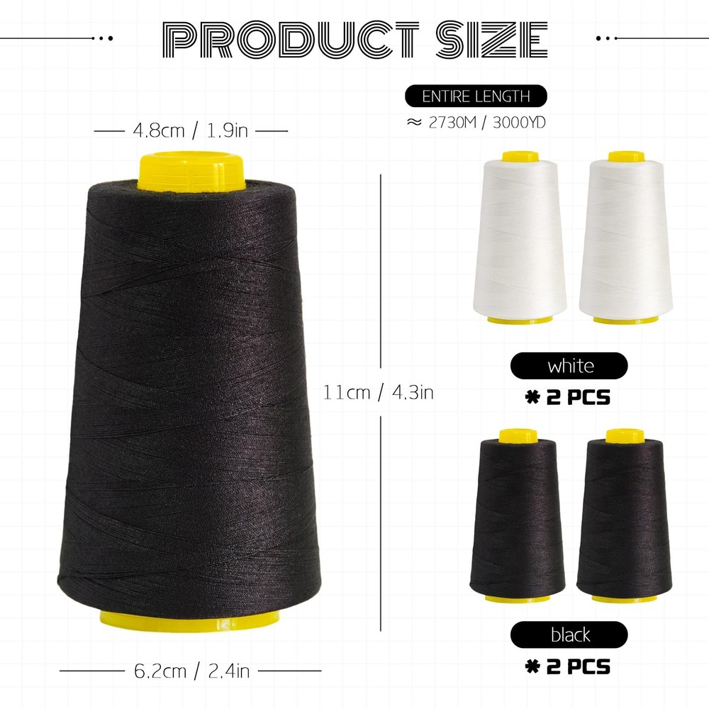 All-Purpose Polyester Sewing Thread - 4-Pack 12000 Yards Total - Black & Whit...