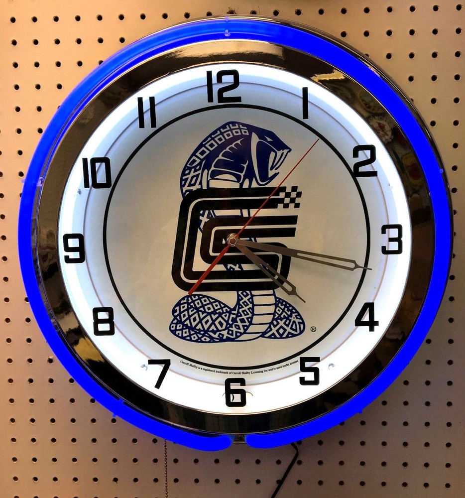 19" Carroll Shelby Double Neon Chrome Clock Cobra Mustang