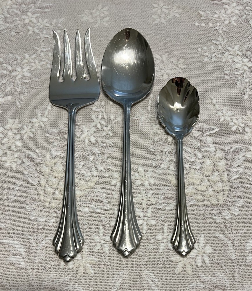 Oneida Bancroft Serving Set: Meat Fork, Serving Spoon and Sugar Spoon